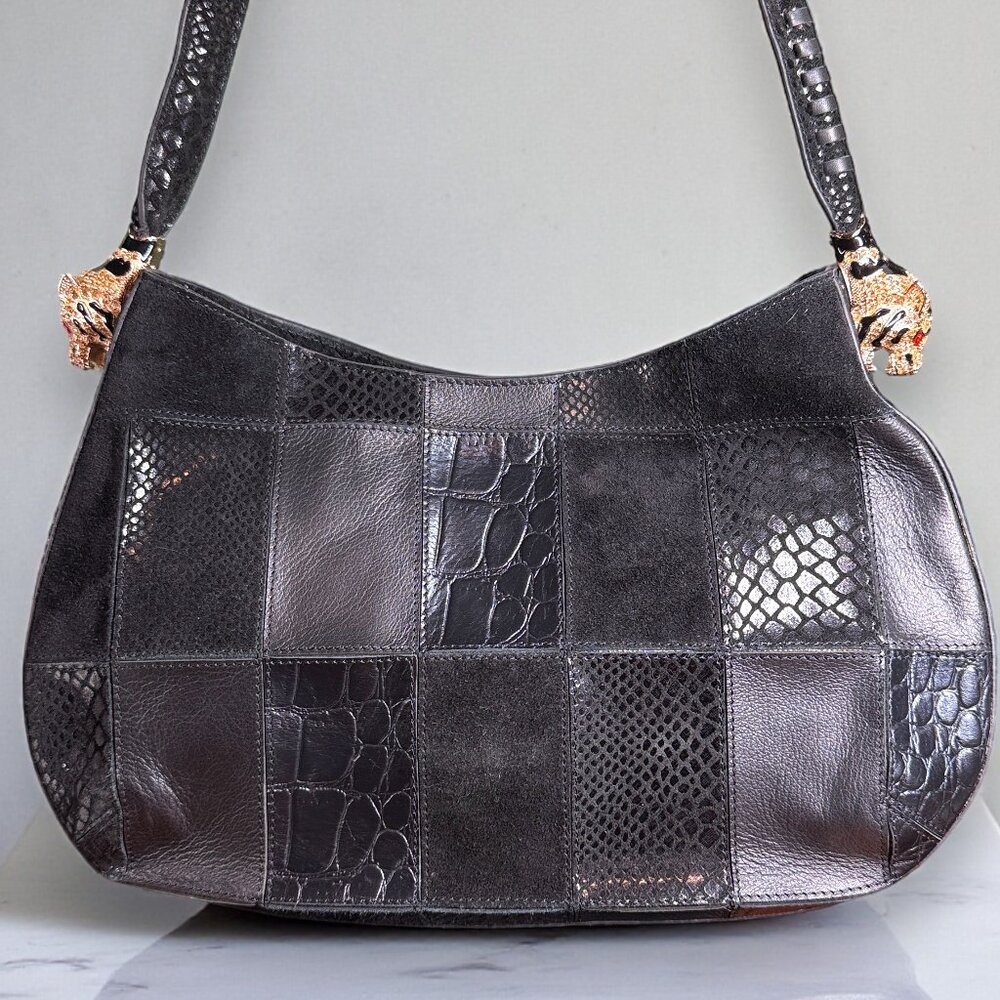 Sharif Suede & Leather Python Embossed Patchwork Gold Tiger Head Shoulder Bag